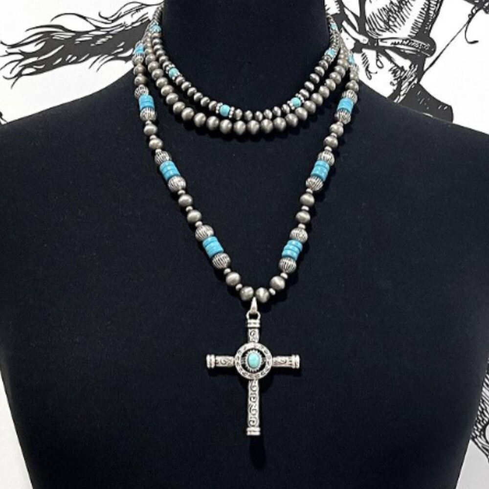 Turquoise Cross Pendant Pearl Bead Layered Necklace